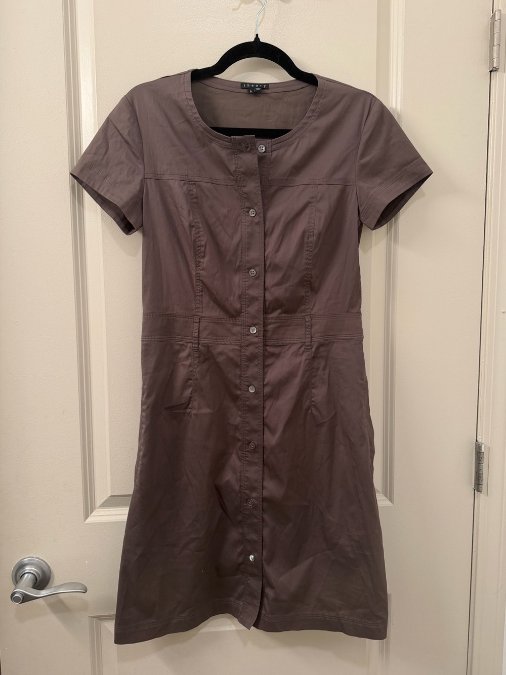 Theory Timandra Button-Down Short Sleeve Shirt Dress in  Dark Taupe Brown Size 6